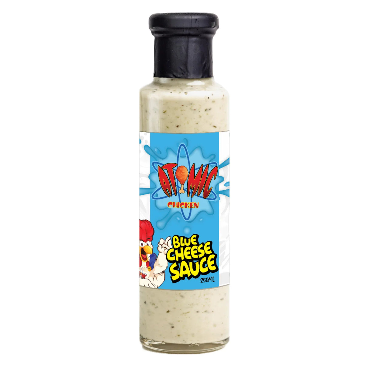 Bottle of Atomic Blue Cheese Sauce with a colorful label on a white background