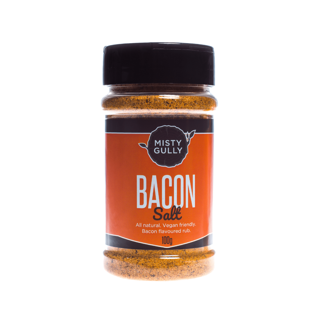 Jar of Bacon Salt with Misty Gully label on a white background