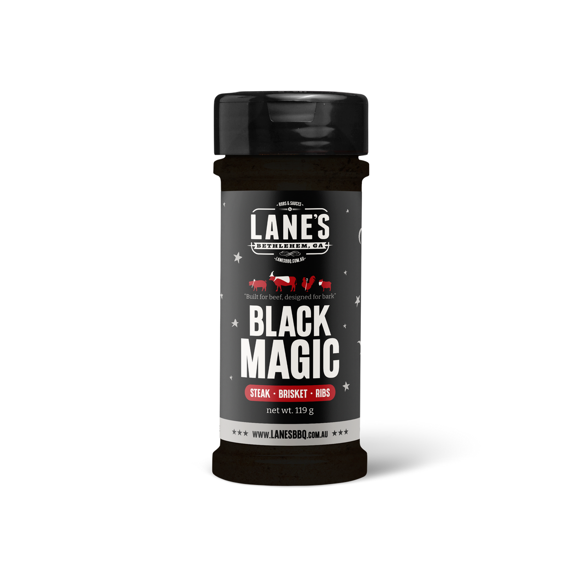 Lane's BBQ Black Magic Rub Small 119 g shaker bottle