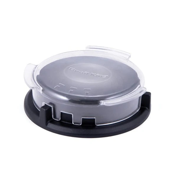 Clear plastic container with black base on a white background