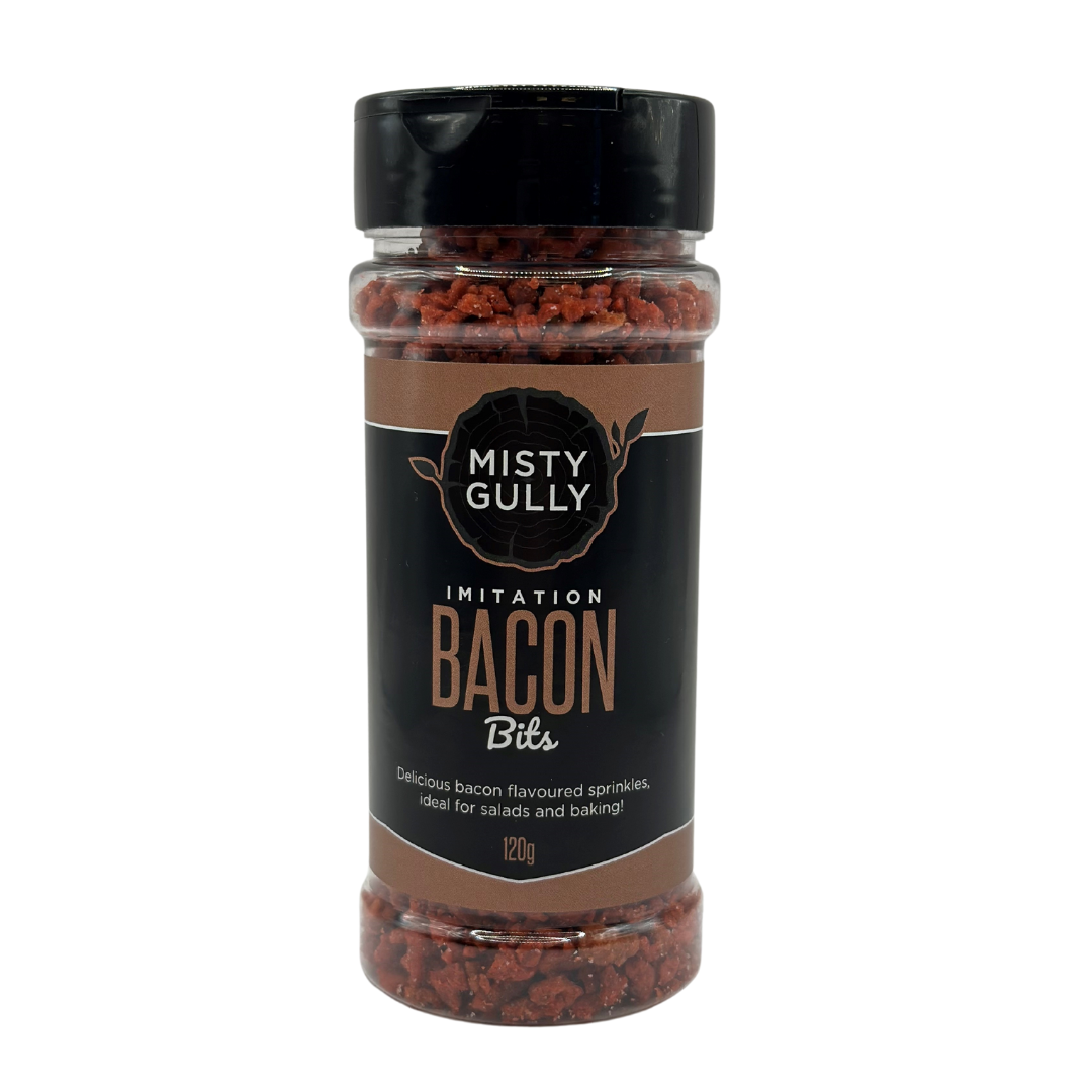 Container of Misty Gully imitation bacon bits on a white background