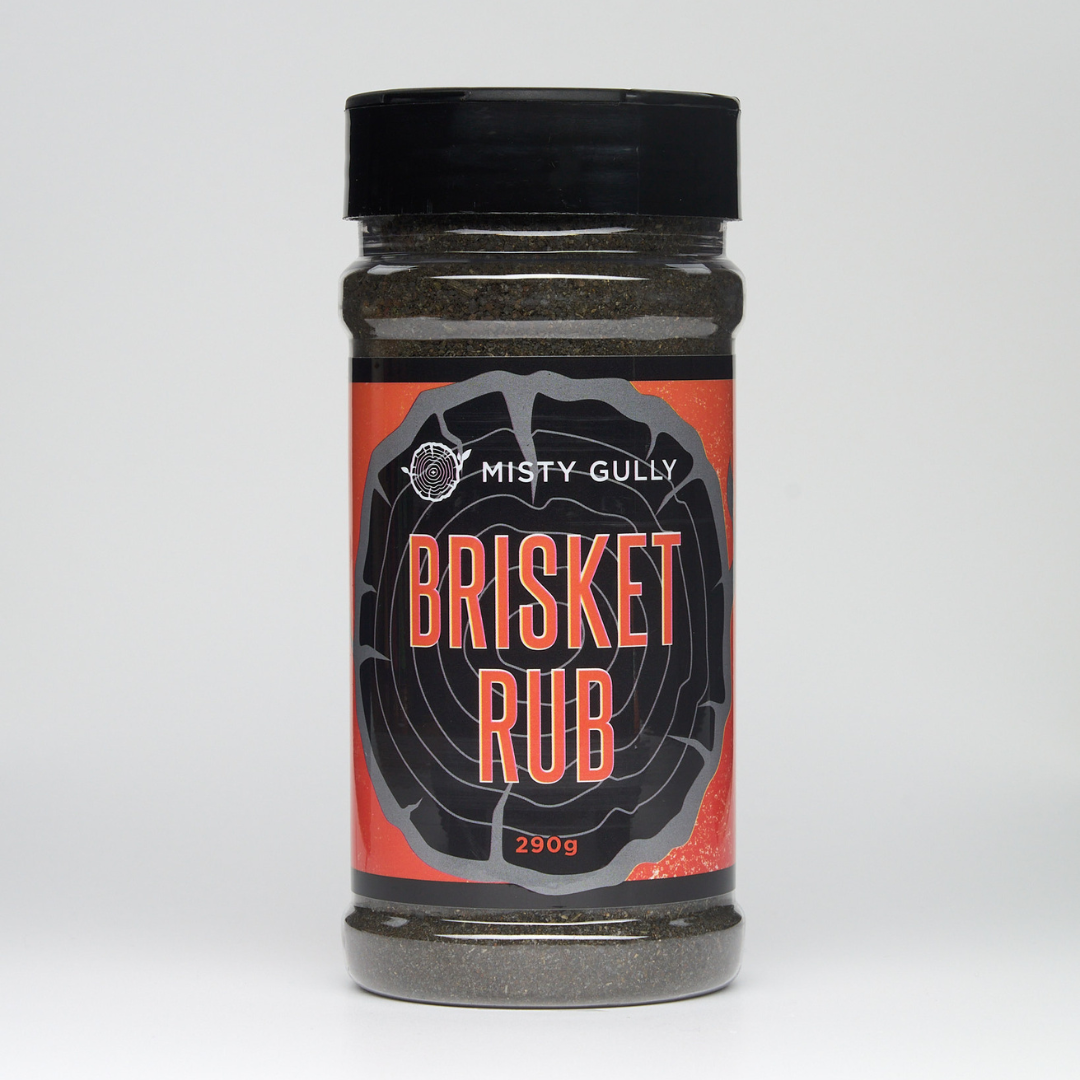 Jar of brisket rub with a red and black label on a white background