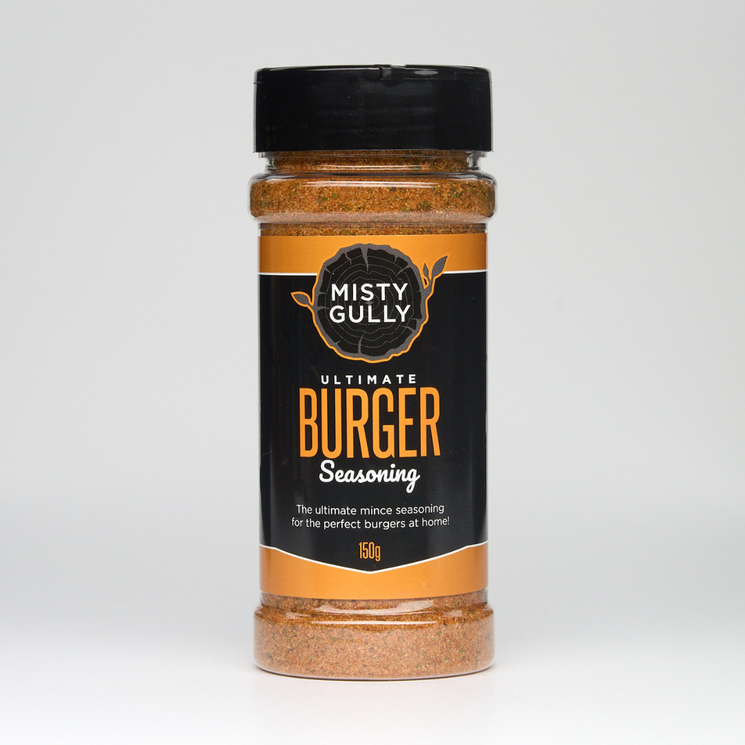 Bottle of Misty Gully Ultimate Burger Seasoning on a white background