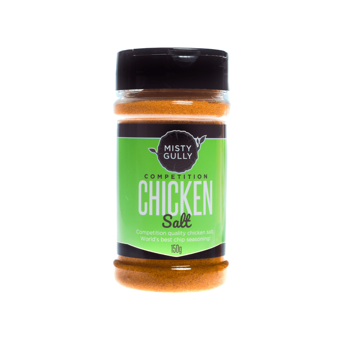 Jar of Misty Gully Competition Chicken Salt on a white background