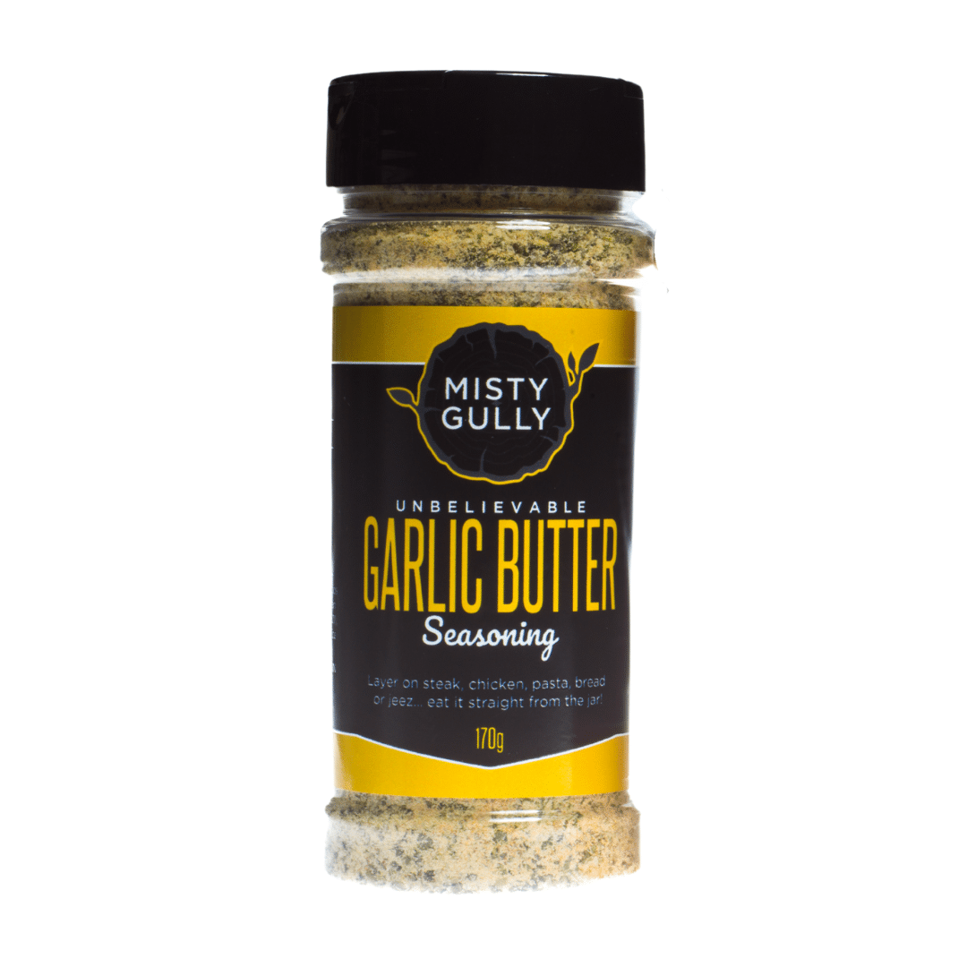 Garlic butter seasoning jar with 'Misty Gully' label on a white background