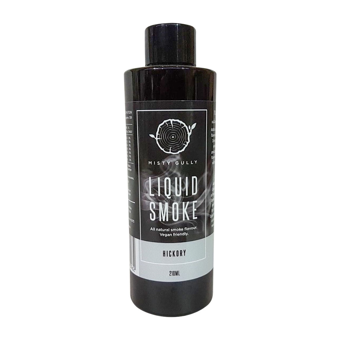Bottle of Misty Gully Liquid Smoke with a black cap on a white background