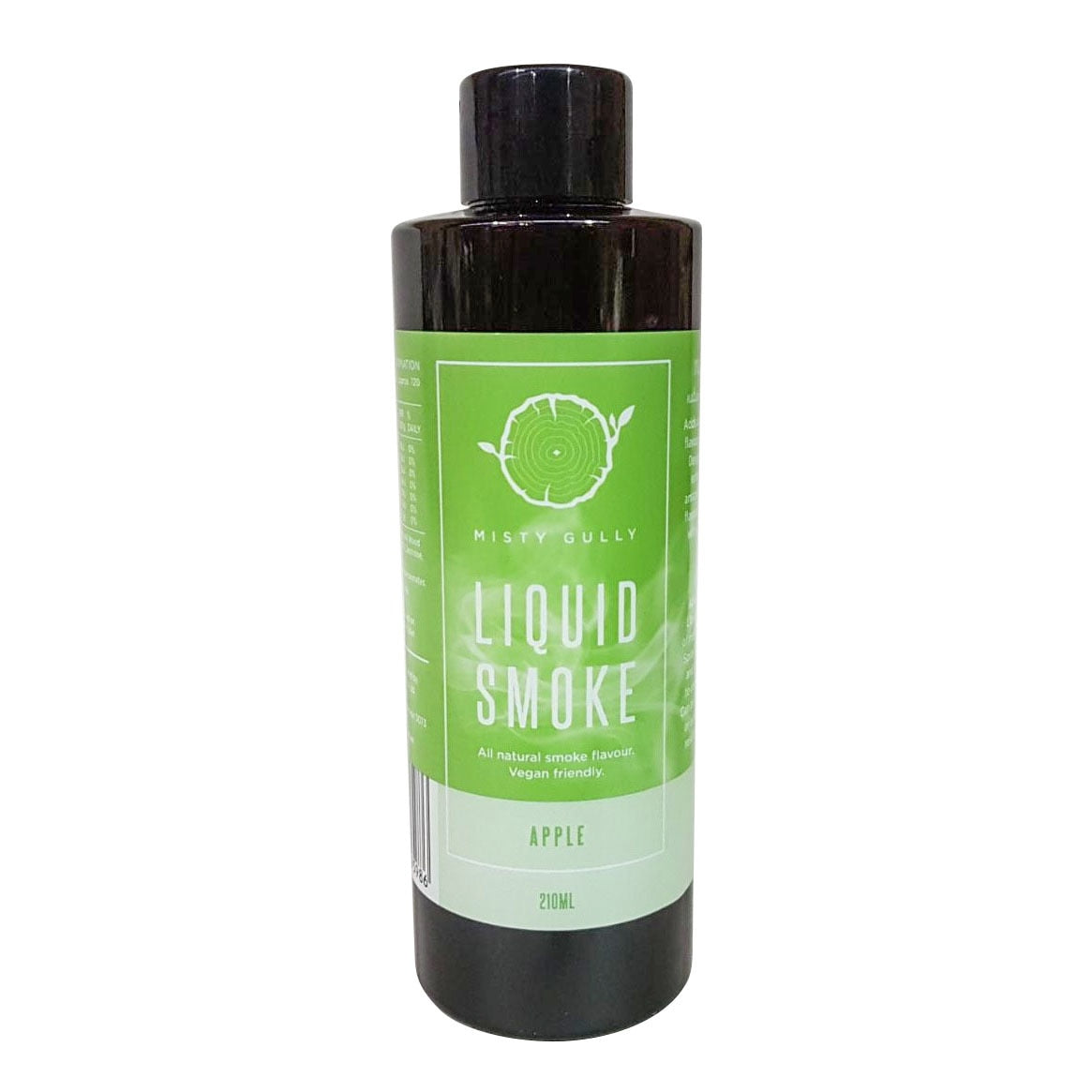 Bottle of Liquid Smoke with a green label on a white background