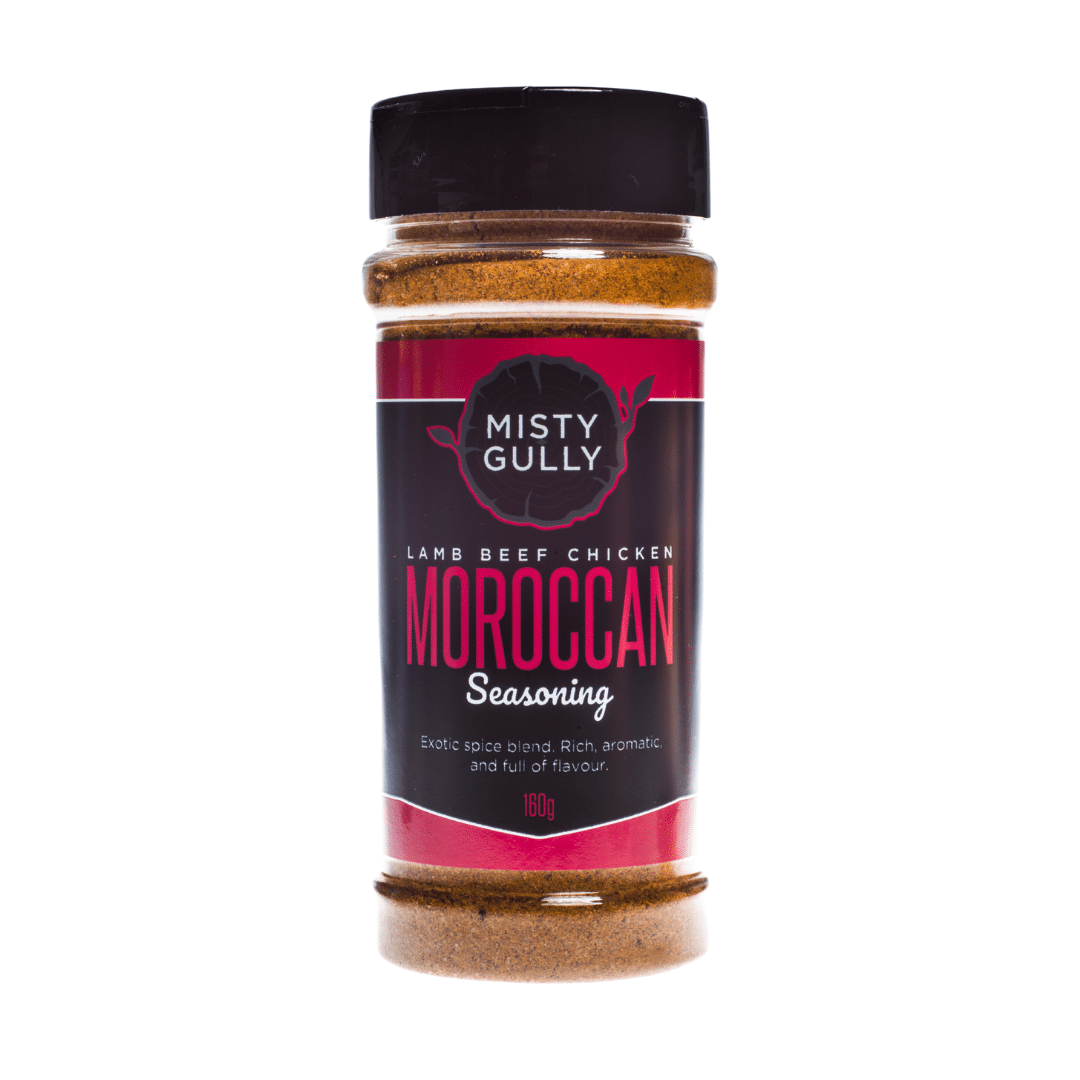 Spice jar labeled 'Misty Gully Moroccan Seasoning' on a white background