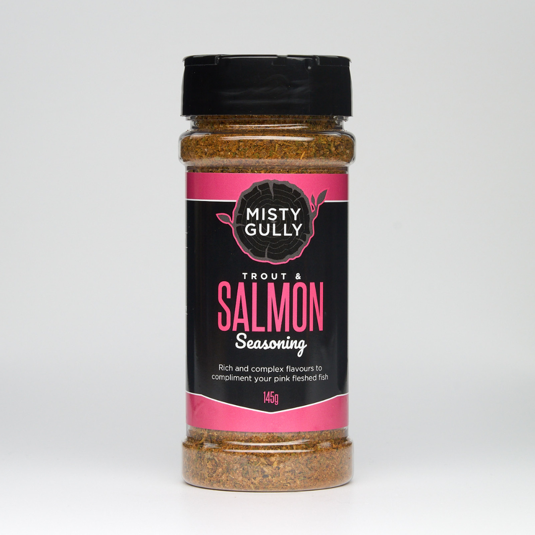Misty Gully Trout & Salmon Seasoning jar on a white background