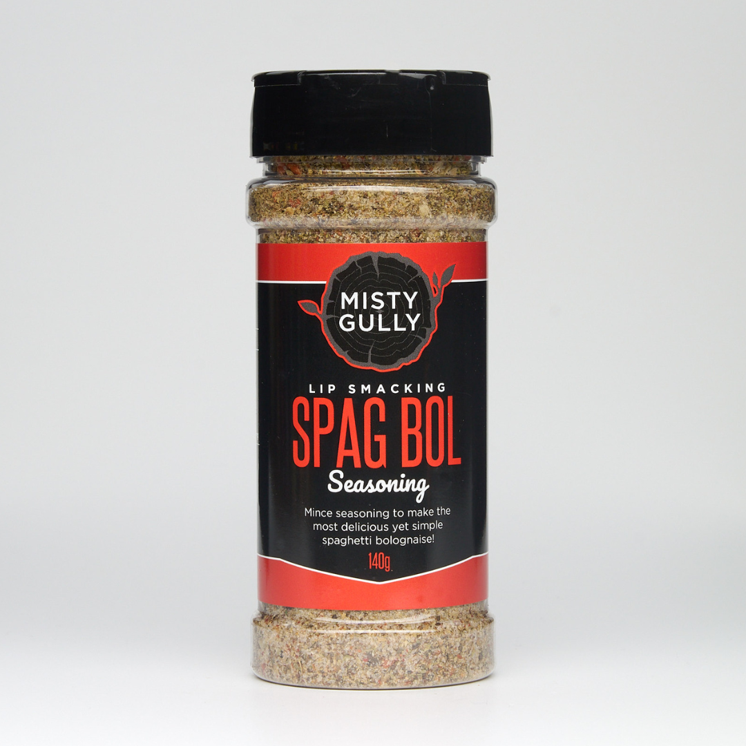 Spag Bol seasoning bottle with red and black label on a white background
