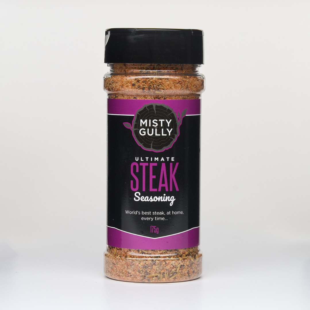 Jar of Misty Gully Ultimate Steak Seasoning on a white background