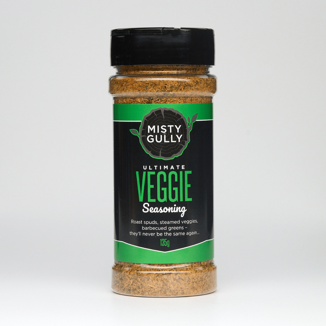 Spice jar labeled 'Misty Gully Ultimate Veggie Seasoning' on a white background