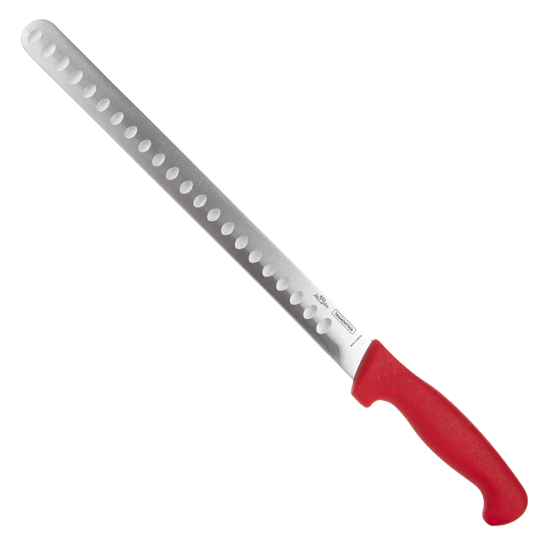 Serrated knife with a red handle on a white background