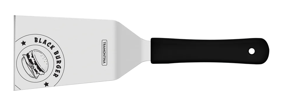 Spatula with black handle and visible brand logo on a white background