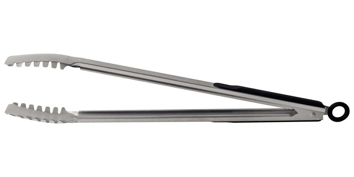 Metal tongs with black handles on a white background