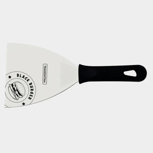 Spatula with a black handle and branded logo on a white background