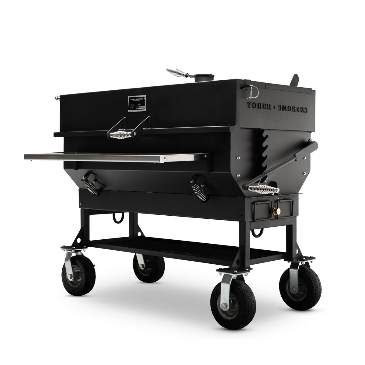 Yoder 24x48 Charcoal Grill on competition cart, front and side view with lid closed