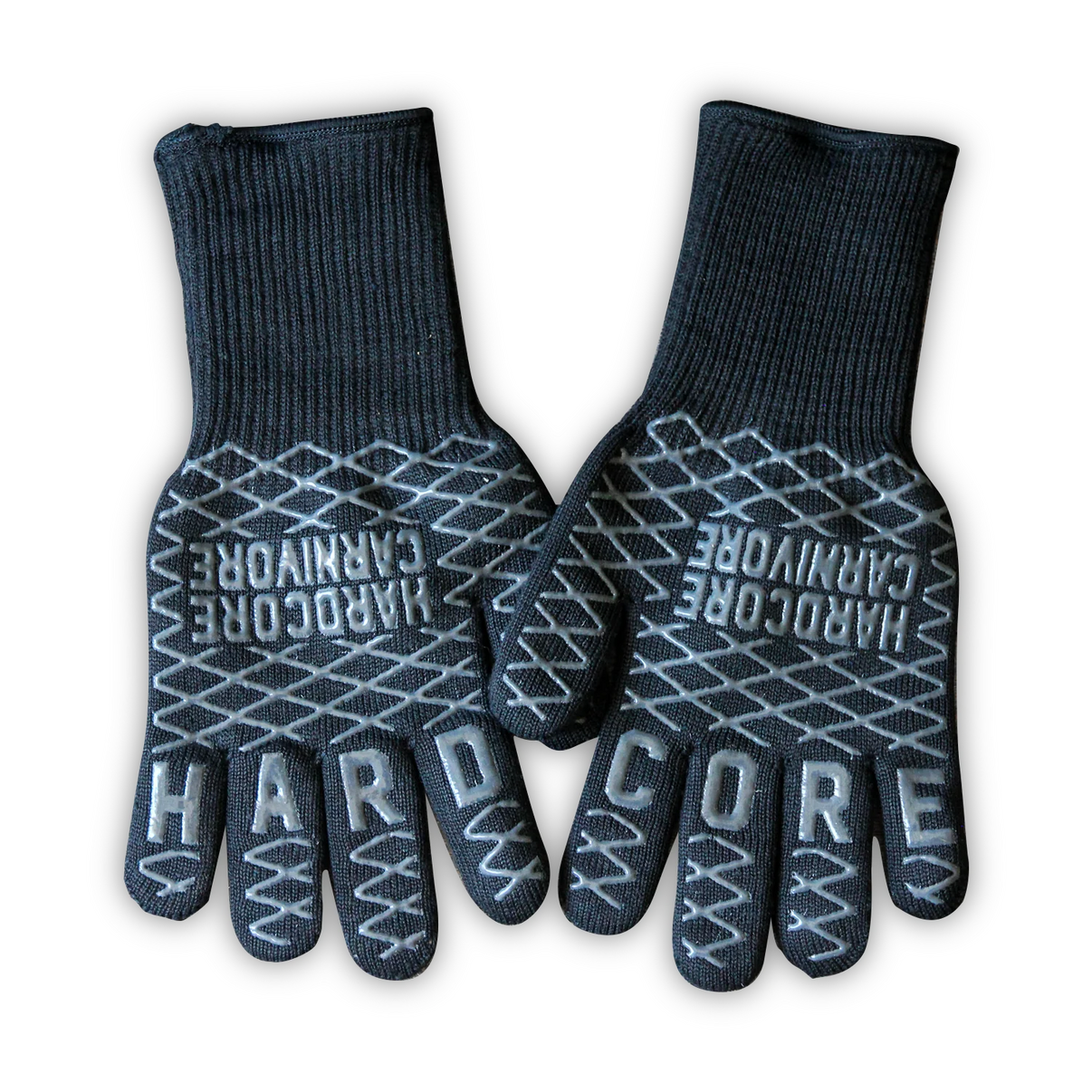 Pair of black gloves with 'HARDCORE' branding on a white background