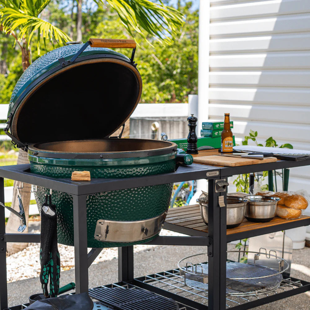 XL Big Green Egg Modular Nest Expansion Frame outdoor setup with pizza pack included